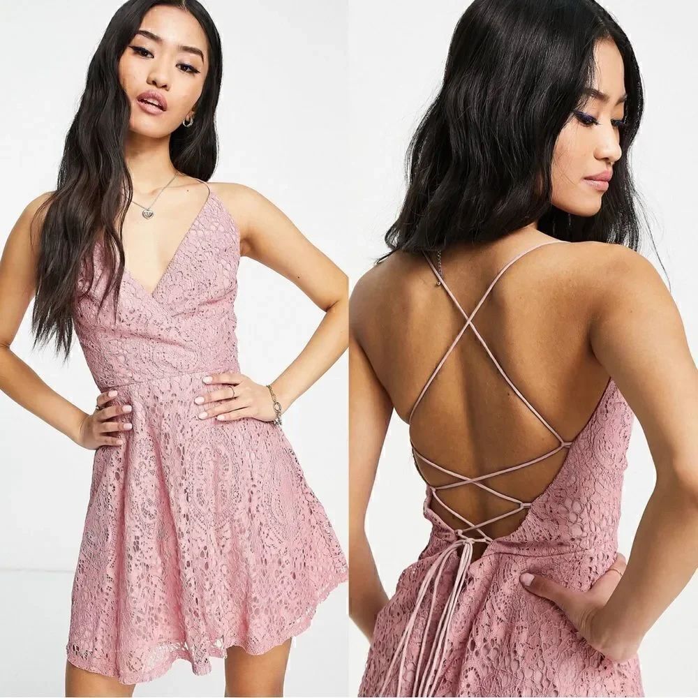 Asos NWT Dress Womens Lace Lace Up Back Mini dress in Rose Size 14
